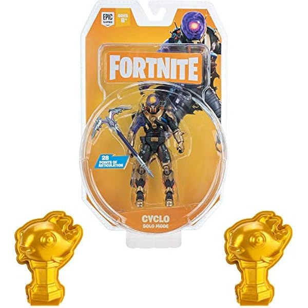 Fortnite Cyclo Solo Mode Core Figur och 2 Mytiska Guldfisk Samlarobjekt - 10 cm Samlarobjekt Actionfigur, Plus Tillbehör